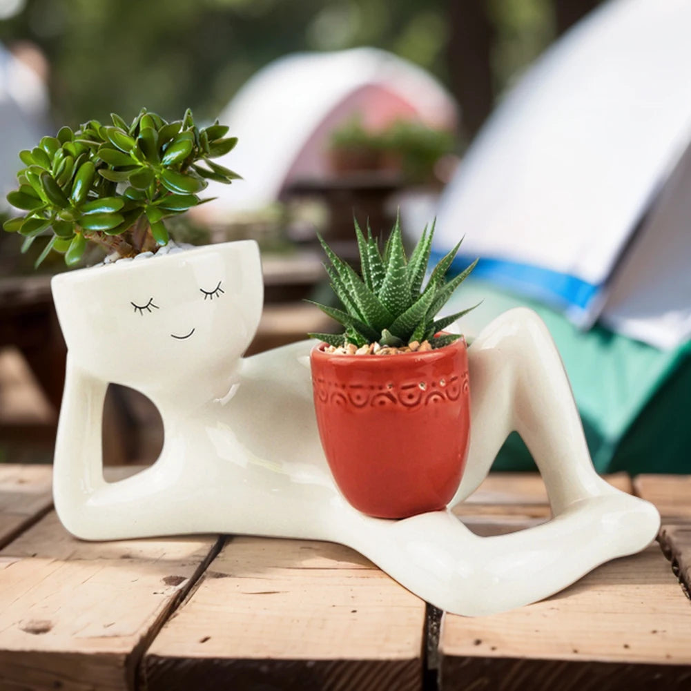 Relaxing Person Holding Pot Planter with Drainage Hole Funny Succulent Pot Resin Desktop Body Flower Pot Home Office Decor