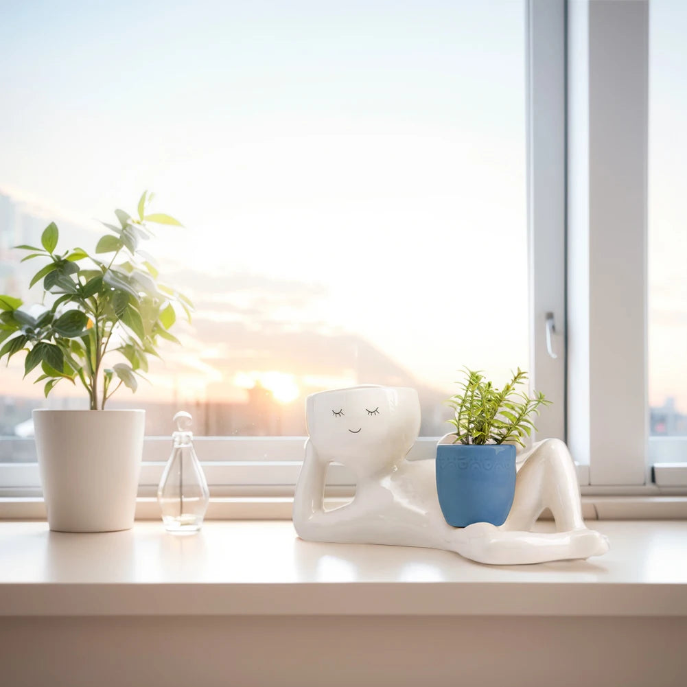 Relaxing Person Holding Pot Planter with Drainage Hole Funny Succulent Pot Resin Desktop Body Flower Pot Home Office Decor