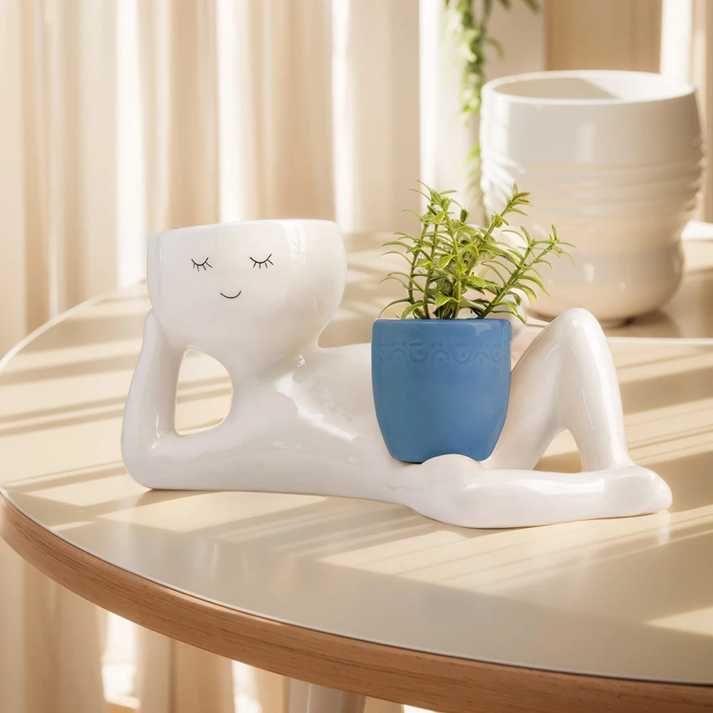 Relaxing Person Holding Pot Planter with Drainage Hole Funny Succulent Pot Resin Desktop Body Flower Pot Home Office Decor