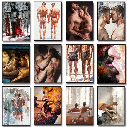 Watercolor Gay Nude Man Couple Queer Portrait