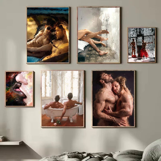 Watercolor Gay Nude Man Couple Queer Portrait